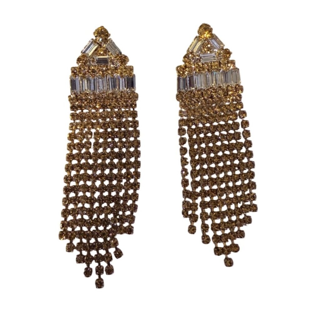 Vtg Eisenberg Ice Gold Rhinestone Fringe Statement Earrings 2.75" Sparkly NOS - Picture 2 of 4